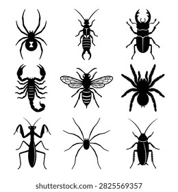 Set of various bug icons including spider, scorpion, wasp, beetle, cockroach, mantis, and earwig.