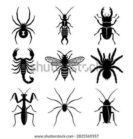 Set of various bug icons including spider, scorpion, wasp, beetle, cockroach, mantis, and earwig.