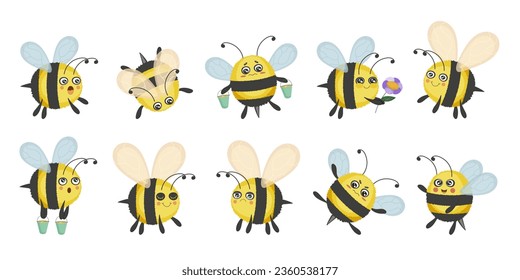 Set of various bug insect. Collection of cartoon bee, wasp, bumblebee, hornet. Cute wing and antennae. Black and yellow color. Funny character. Isolated on white background. Vector illustration