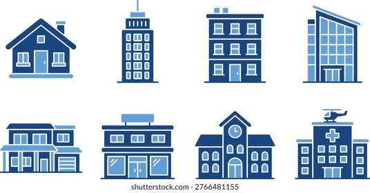 Set of various building types in blue silhouette on white background