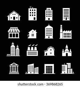 Set of various buildings. White on  dark background