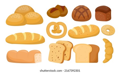 Set of various bun and bakery, delicious bread, Croissant, donut, jam roll and cupcake in cartoon style, vector illustration