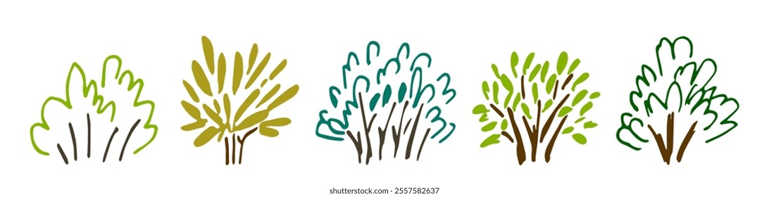 Set of various bushes, trees, forest plants. Nature and vegetation, landscape. Simple color vector drawing.