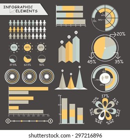Conjunto de varios elementos de infografía de negocios, incluyendo gráficos estadísticos, gráficos circulares y flechas para la presentación de informes profesionales. 