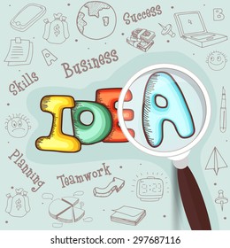 Set of various business infographic elements with colorful text Idea and magnifying glass.
