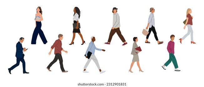 Set of Various business people walking. Modern men and women different ethnicities, ages, body types in summer smart casual and formal office outfits with phone, folder, bags. Vector isolated
