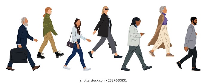 Grupo de varios empresarios caminando. Hombres y mujeres modernos de diferentes etnias, edades y tipos de cuerpo en elegantes trajes informales y formales de oficina con teléfono, maletín, bolsos. Vector aislado.