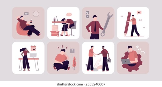 Set of various business people at work. Male and female employees or office workers in different poses, actions and gestures. Collection of scenes with men and women in business events. flat vector