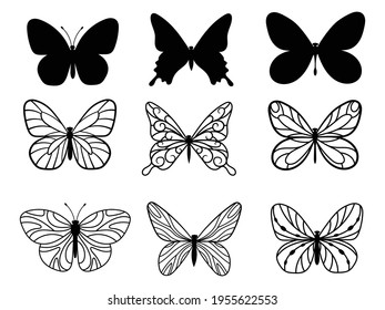 Set of various butterflies. Collection of stylized flying butterflies. Tattoo. Vector illustrations of beautiful silhouettes of insects. Linear insect.