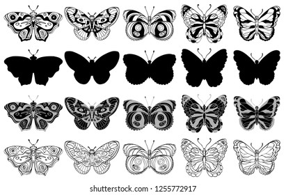 Set of various butterflies forms, silhouettes, ornate icons. Black and white. Vector illustration