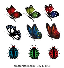 Set with various butterflies and ladybugs colored in different colors