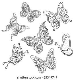 Set various butterflies, monochrome contours on a white background, vector