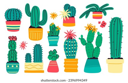 A set of various cacti in flower pots on a white background.