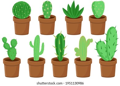 Set of various cacti in pots. Houseplants. Interior design and elements. Green Mexican plants in a pot. Vector, flat.