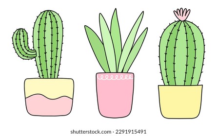 Set of Various Cactus design in flowerpots Vector illustration