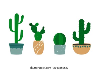 Set of various cactuses in flowerpot. Cartoon colorful houseplants. Isolated vector illustration.