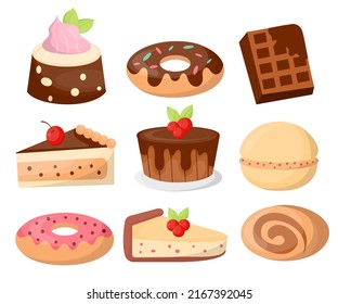 Juego de pasteles y panadería variados, deliciosa tarta y quequitos al estilo de las caricaturas, ilustración vectorial