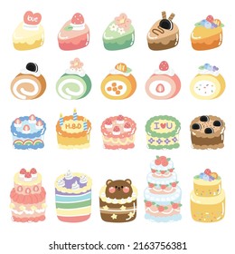 Conjunto de varios dibujos animados de tartas.Dibujo manual de dibujos animados de postres dulces.Gráfica infantil.Colección Kawaii.Isolated.Icon.Vector.Ilustración.