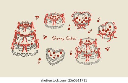 Set of various cakes with cherries and red bows. Vector hand drawn outline illustration in vintage style. Holiday clipart for wedding, birthday or valentines day in coquette aesthetic