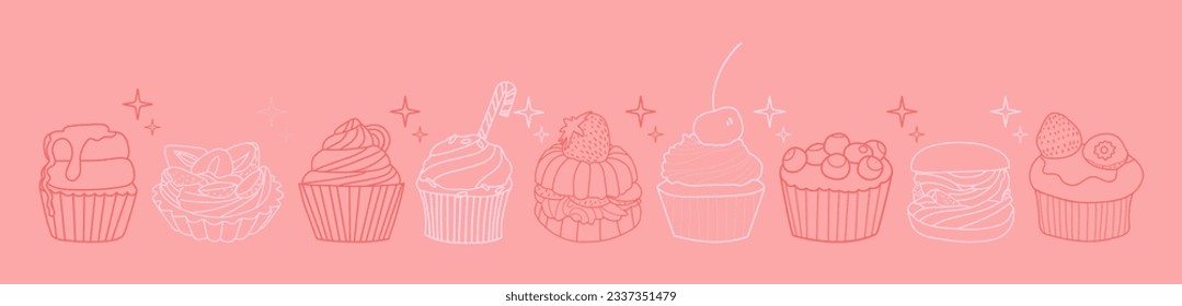 Un conjunto de pasteles, muffins y quequitos fuera de línea. Minimalismo, una línea continua, esbozo, dibujo. Símbolo, emblema, logotipo, elemento de diseño de embalaje, etiquetas.