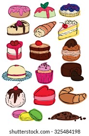 Set of various cakes and sweets. Hand drawn illustration. Vector.