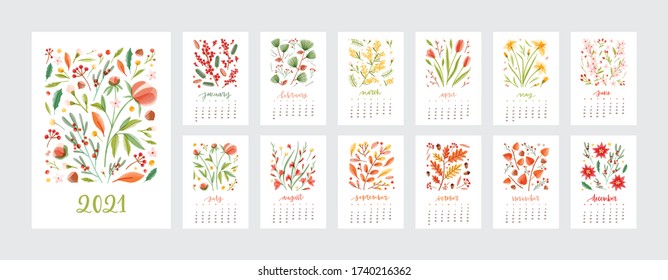 Conjunto de vários modelos de calendário para ilustração vetorial plana do ano 2021. Páginas criativas coloridas decoradas por flores naturais isoladas no branco. Coleção de semana de design de cronograma começa no domingo