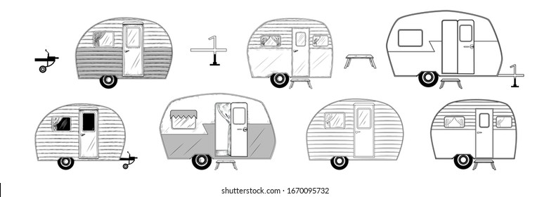 Set of various campers. Linear and engraved isolated objects on a white background. Vector illustration. Clipart.