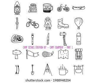 Set of various camping equipment icons