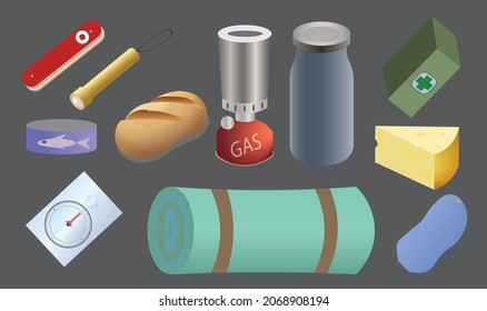 Reihe von Touristenartikel einzeln auf grauem Hintergrund: Schweizer Messer, Primus, Erste-Hilfe-Kit, Schlafmatte, Kompass, Nahrung