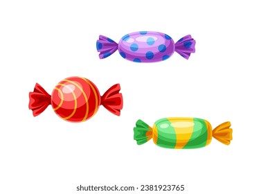 Set of various candies. Caramels at colorful wraping paper. Dessert and delicacy for holidays. Graphic element for website. Cartoon flat vector collection isolated on white background