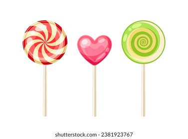 Set of various candies. Lollipops and caramel at sticks. Dessert and delicacy. Pink heart shaped sweet. Template and layout. Cartoon flat vector collection isolated on white background