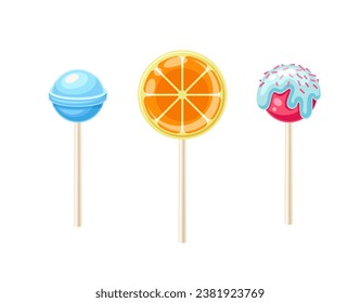 Set of various candies. Lollipops and caramel at sticks. Dessert and delicacy. Stickers for social networks and messengers. Cartoon flat vector collection isolated on white background