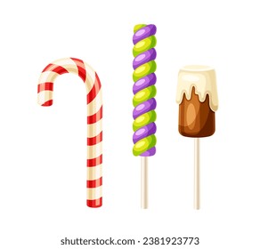 Set of various candies. Lollipops and caramel at sticks. Dessert and delicacy for holiday and festival. Pastry and confectionery. Cartoon flat vector collection isolated on white background