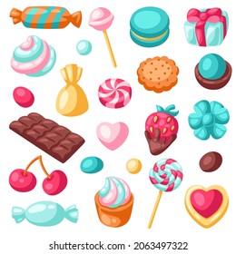 Set of various candies and sweets. Confectionery or bakery stylized illustration.