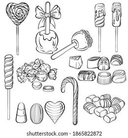 Mit verschiedenen Süßigkeiten und Süßigkeiten. Lollipop, Schokolade, Süßkarpfen, Marshmallow. Handgezeichnete Vektorgrafik mit schwarzer Umrisslinie einzeln auf weißem Hintergrund. Anwendbar für das Farbbuch, Druck.