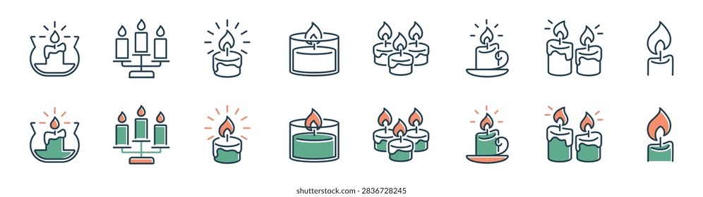 Set of various candle icon line collection decorative spiritual burning flame wax candlelight warmth relaxation aromatherapy glowing candle signs vector illustration