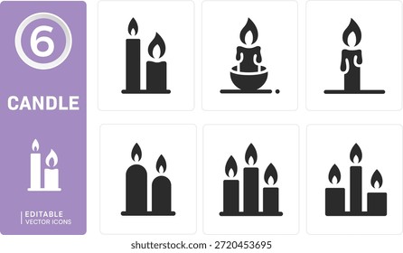 A set of various candle icons, showcasing different designs and quantities of lit flames for symbolic representations