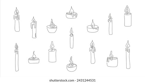 Set of various candles with flames  in line art style. Burning decorative candles. Continuous one line drawing. Isolated on white backdrop. Design element for print, greeting, postcard, scrapbooking