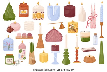Set of various candles flat vector illustration Scented candlelight with flames exudes cozy relax atmosphere Aromatherapy, relaxation, home decoration. Wax aromatic candles in candlesticks and holders