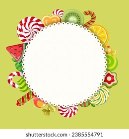 Set of various candy canes and candies on a round paper napkin. Background, card. 