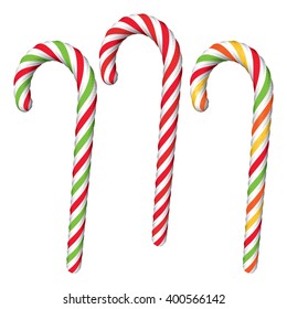 Set of Various Candy Canes Isolated on White. Traditional Christmas Green and Red Candy Canes. Vector Illustration.