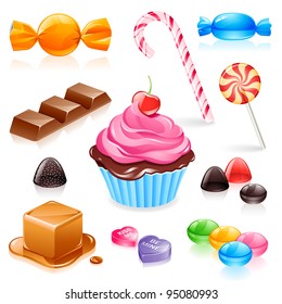 Set of various candy elements including caramel, chocolate, lollipops and fruit gum