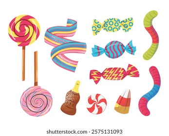 Set with various candy, sweets and treats in colorful hand drawn flat cartoon design. Isolated vector illustrations