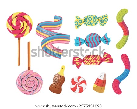 Set with various candy, sweets and treats in colorful hand drawn flat cartoon design. Isolated vector illustrations