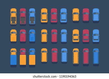 Set of various car. Flat vector top view illustration.