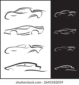 Set of Various Car Icons - Dynamic silhouettes - Isolated Design Black and White