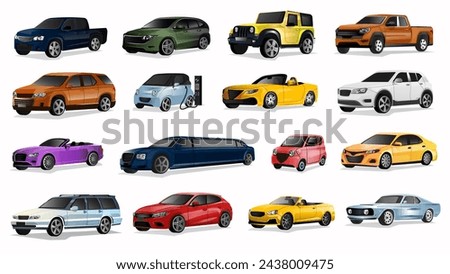 Set of various car models. Collection of pickup, jeep, crossover, electric car, coupe, limousine, convertible, hatchback, station wagon. Isolated on white background. Vector illustration