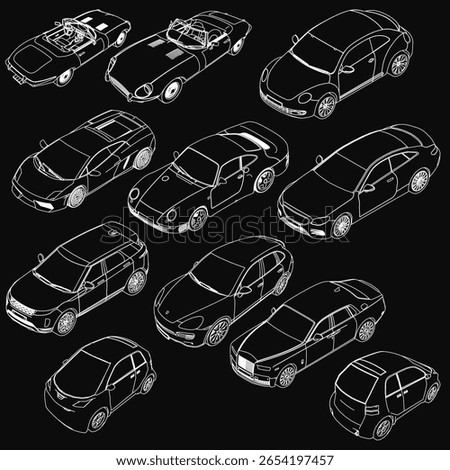 A set of various car models displayed on a sleek black background, featuring detailed blueprints with technical specifications. The collection includes sedans, SUVs, and sports cars.. Isometric view
