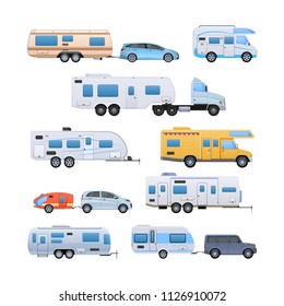 Set of various car trailers. Modern motorhomes, mobile homes on wheels, for travel around country, and for trips to nature. Vans, vehicle trailer, camping, family traveling by car vector