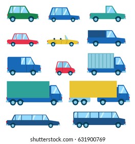 Set of various car types. Hatchback, sedan, truck, limousine, coupe, crossover and other car types. Flat style vector illustration